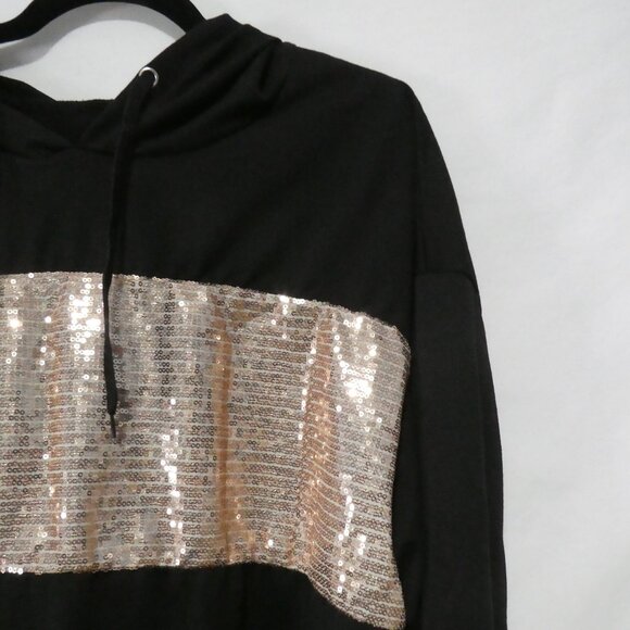 SHEIN - Curve | 2XL | Contrast Gold Sequin Drop Shoulder Drawstring Black Hoodie - Picture 7 of 16